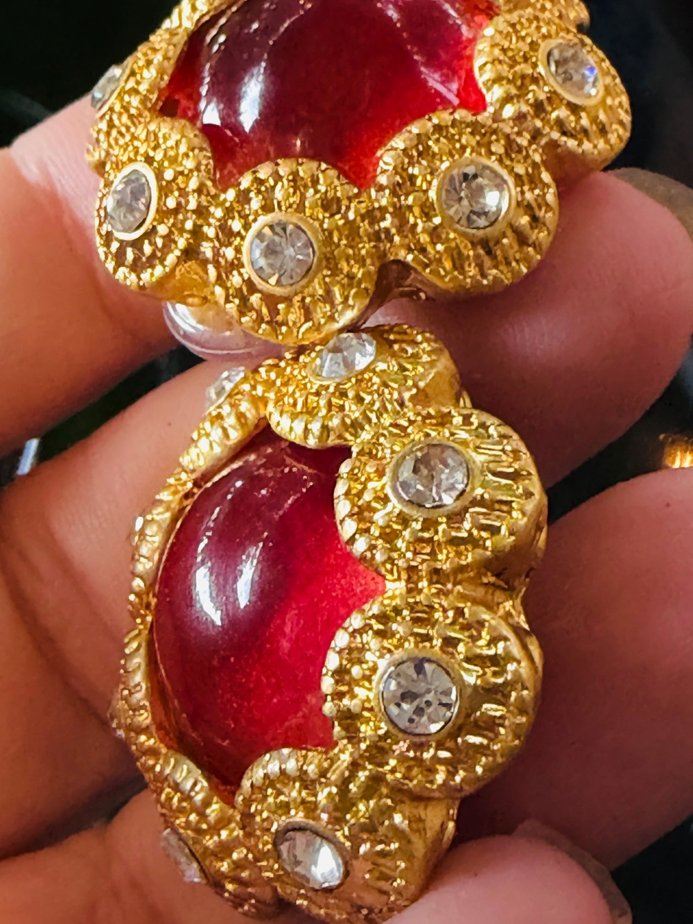 Gold-Tone Vibrant Tangerine Glass Cabochon Crystal CLIP-ON Earrings Vintage ! - Picture 3 of 8